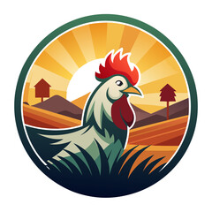 Farm Rooster Crowing at Sunrise - Vector Illustration, Clipart, and Line Art Design, Farm rooster crowing at sunrise, vector illustration, clipart, and line art design on a white background.