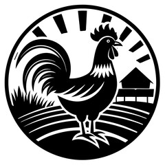 Farm Rooster Crowing at Sunrise - Vector Illustration, Clipart, and Line Art Design, Farm rooster crowing at sunrise, vector illustration, clipart, and line art design on a white background.