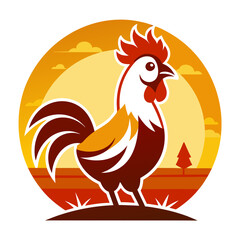 Farm Rooster Crowing at Sunrise - Vector Illustration, Clipart, and Line Art Design, Farm rooster crowing at sunrise, vector illustration, clipart, and line art design on a white background.