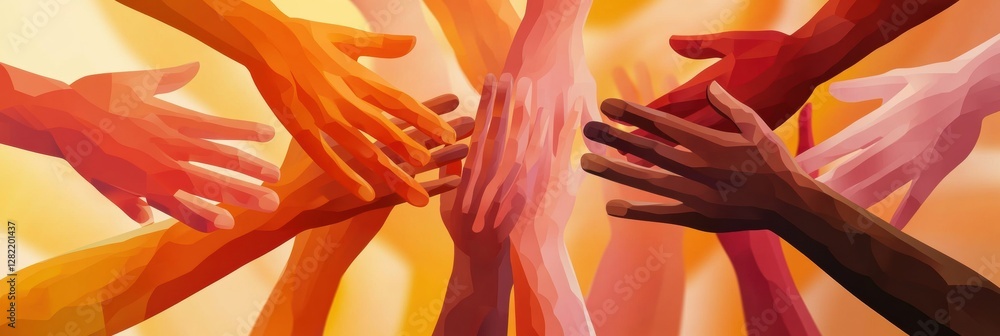 Poster Interconnected hands representing diversity and support among people of various backgrounds in harmonious unity. Generative AI