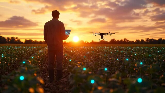 Farmer using laptop controlling drone spraying crops in field at sunset