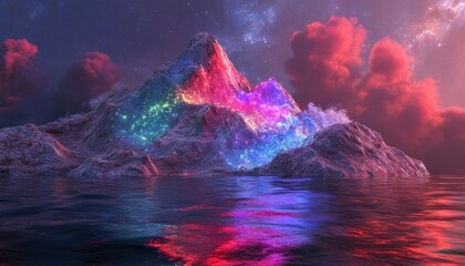 Fototapeta premium Enchanted Mountain Landscape with Colorful Nebula and Reflections