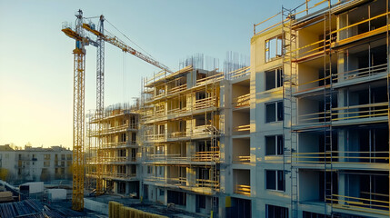 Mid-construction residential complex under clear daylight with skeletal framework