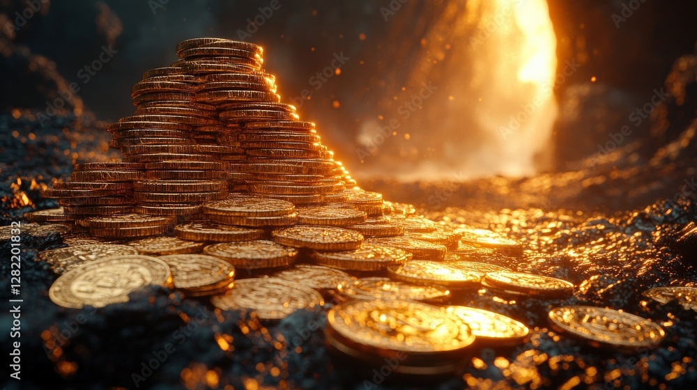 Aufkleber a shimmering pile of golden coins illuminated by a fiery background in a mystical setting