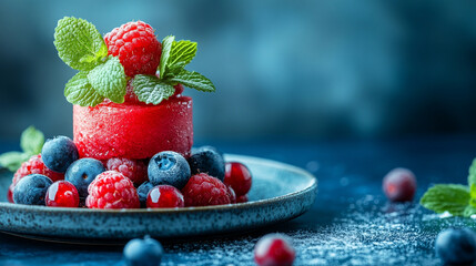 A sophisticated gourmet dessert featuring vibrant sorbet mousse, fresh berries, and an elegant culinary composition, showcasing creativity and modern artistry in plating.

