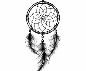 Dream catcher with intricate web design and feathers hanging in a simple, artistic style