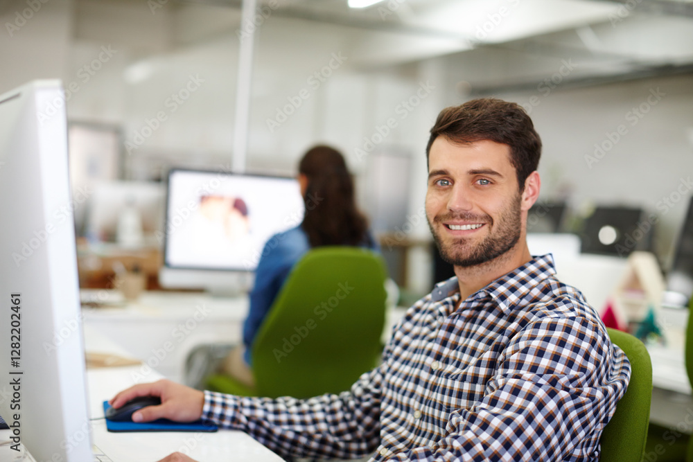 Poster happy, computer and portrait of man in office for startup business review online with reading. confi