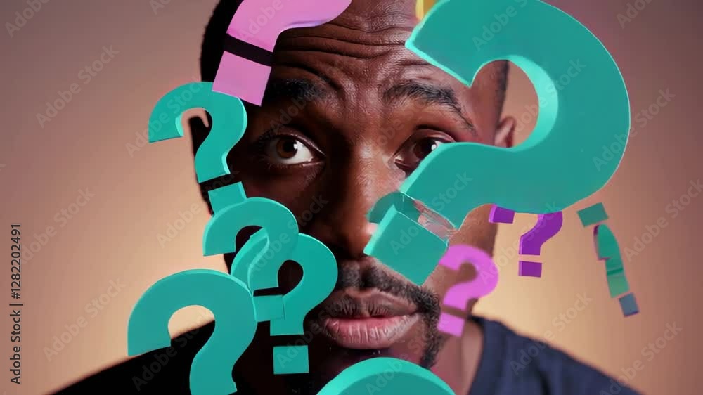 Poster colorful question marks float around a pensive man's head, symbolizing his deep thought process and 