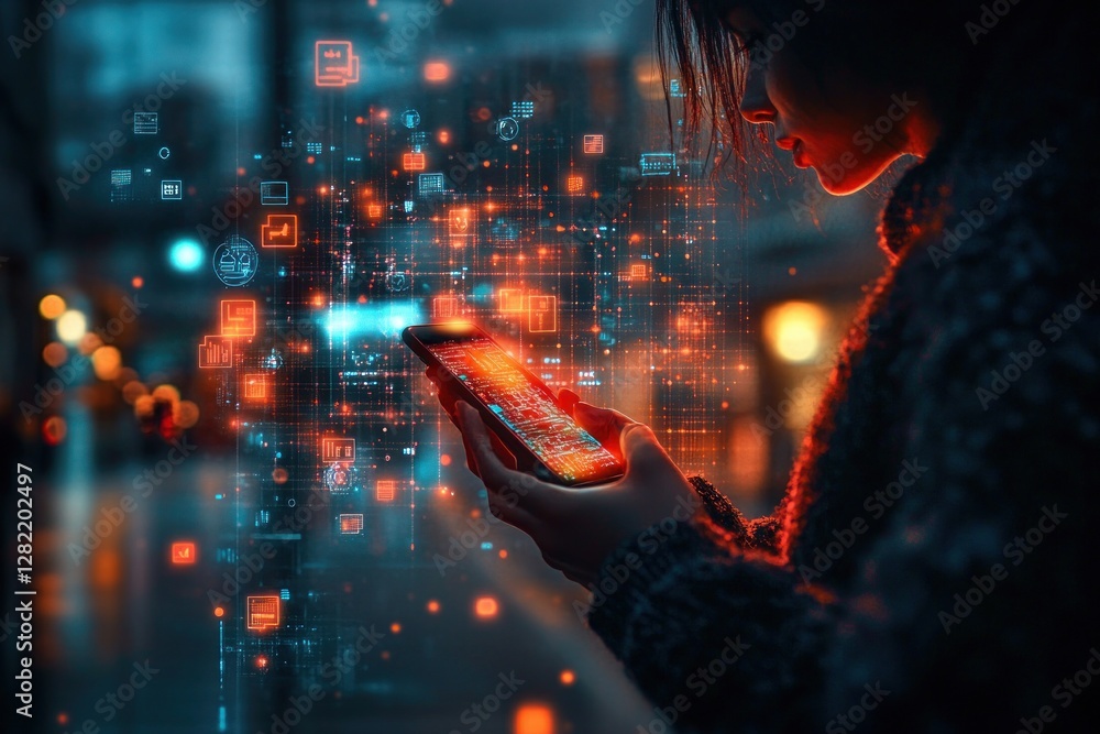 Poster smartphone interaction with hologram of followers in cyberpunk city with neon lights and floating da