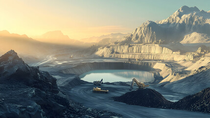Mining operation extracting critical raw materials from a vast open pit in mountainous terrain during daylight hours