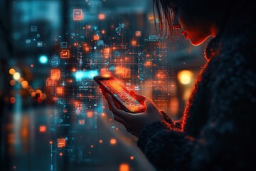 Smartphone Interaction with Hologram of Followers in Cyberpunk City with Neon Lights and Floating Data Elements