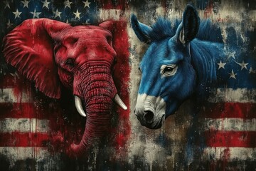 Red Elephant and Blue Donkey Split Composition American Politics Party Election