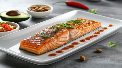 Grilled salmon fillet with sauce, herbs, nuts, and avocado on a plate