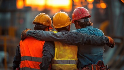 Construction Workers Embracing at Twilight with Colorful Helmets and Safety Vests