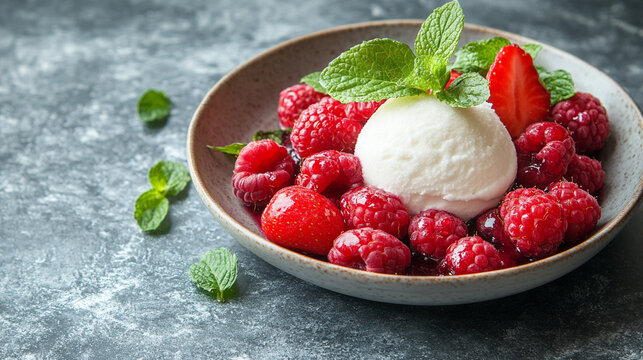 A sophisticated gourmet dessert featuring vibrant sorbet mousse, fresh berries, and an elegant culinary composition, showcasing creativity and modern artistry in plating.

