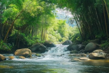 Tranquil River with Rocks and Lush Bamboo in Central Java Indonesia