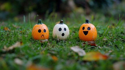 Naklejka premium Three halloween pumpkins showing different emotions sitting on grass