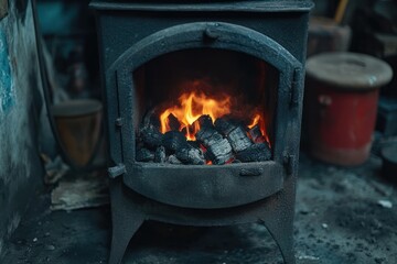 Rustic Charcoal Stove with Glowing Embers Captured in Chiaroscuro Style