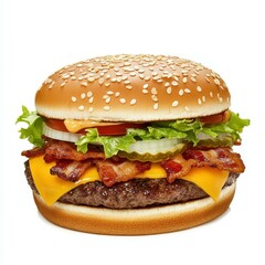 Indulge in a juicy cheese bacon burger, topped with fresh lettuce for a delightful crunch on a soft bun. Pure bliss
