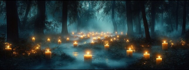 Obraz premium Candlelight in a Mysterious Foggy Forest Creating a Haunting Atmosphere of Witchcraft Magic and Spirituality