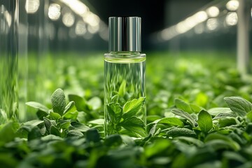A sleek glass perfume bottle with a metallic cap stands among vibrant green leaves in a lush environment. 