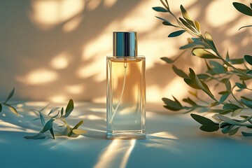 A sleek glass perfume bottle stands elegantly in soft sunlight, surrounded by delicate olive branches casting gentle shadows.
