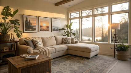 Obraz premium room zoom background, Interior design of modern living room interior with mock up poster frame, colorful decorations and accessories, plants, sofa, coffee table. Blue wall. Home decor