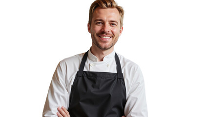 Fototapeta premium Confident European man smiling in kitchen with apron, cooking joy