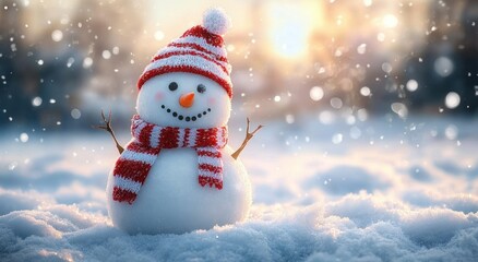 Obraz premium Happy Snowman in Winter Landscape with Red and White Striped Scarf and Hat Surrounded by Gentle Snowfall