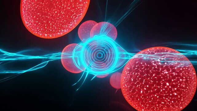 Close-up of red blood cells surrounded by blue energy waves, ai video symbolizing biological processes and cellular interactions in the body.
