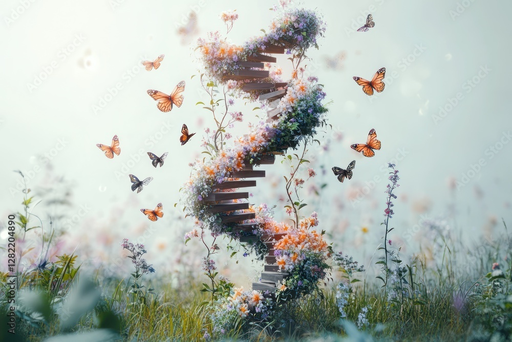 Poster surreal dna helix of vines and flowers with butterflies and soft lighting in minimalist style
