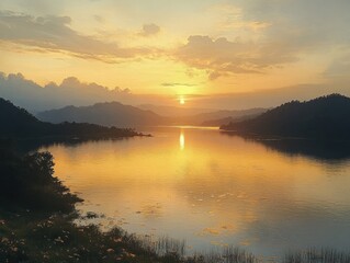 Obraz premium Serene Aerial View of Sermo Lake at Sunset with Tranquil Hills and Calm Water