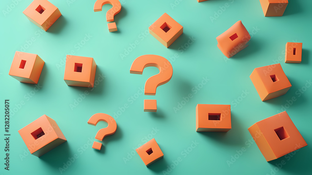 Poster orange blocks and question marks on a light green background