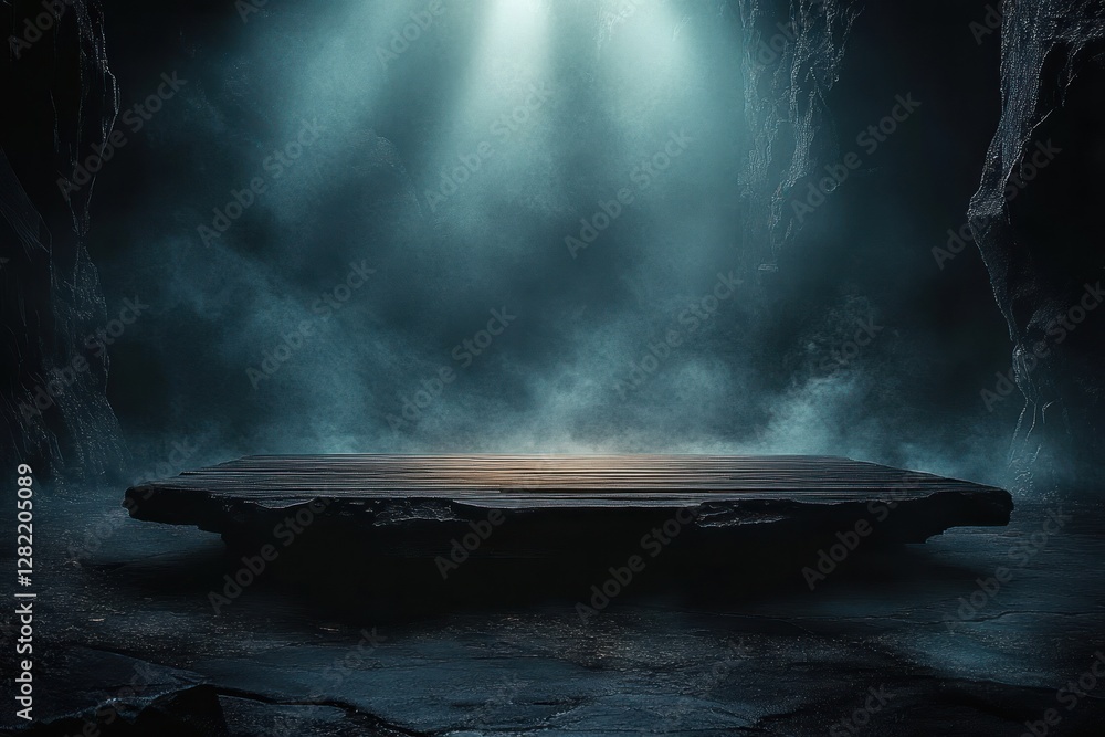 Poster dark mystical floating platform ethereal light gothic shadows fog depth scene