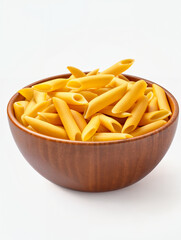Bowl filled with uncooked penne pasta ready for cooking in a kitchen setting