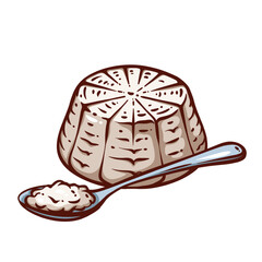 Ricotta in spoon and round block line icon. Outline hand drawn healthy Italian whey cheese for eating with calcium and protein. Dairy product mascot, cottage cheese snack icon vector illustration