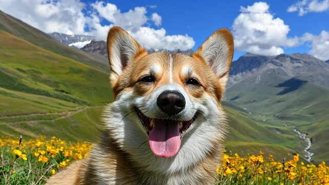 Happy corgi enjoying a sunny day in a vibrant mountain meadow filled with wildflowers