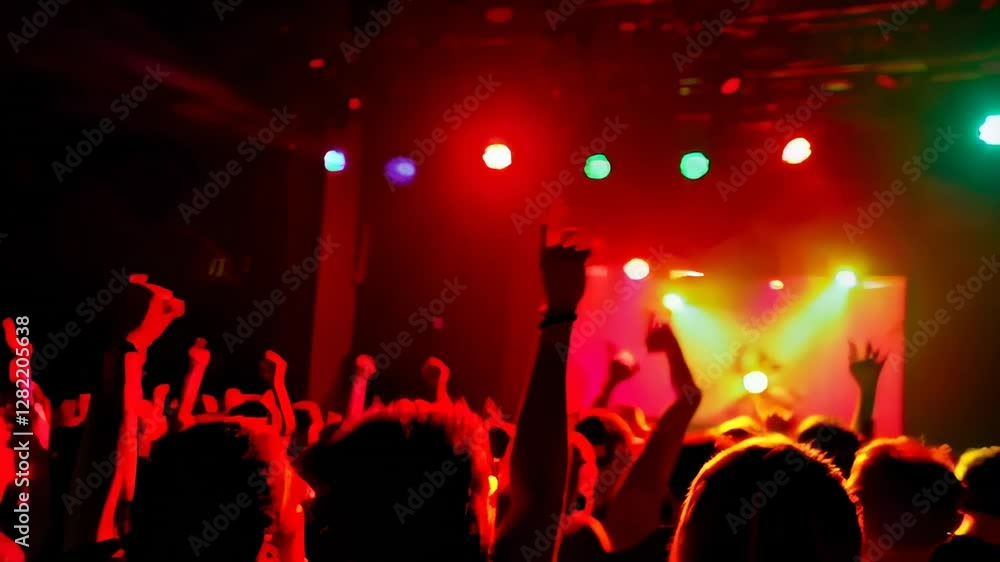 Poster stage lights casting vibrant colors across packed venue. revealing silhouetted crowd raising hands. 