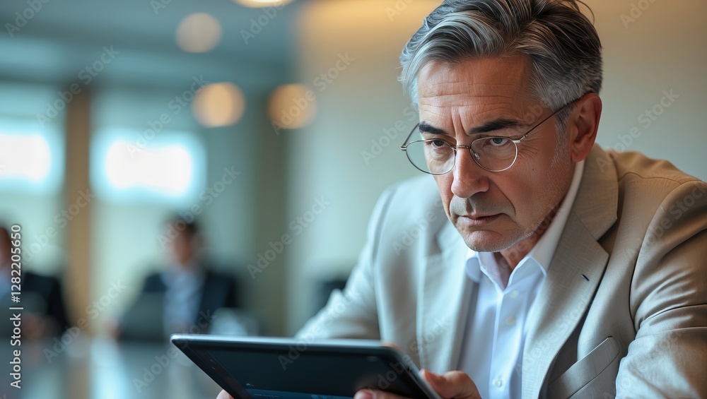Poster business professional engaged in deep focus while reviewing a digital report in a modern office sett