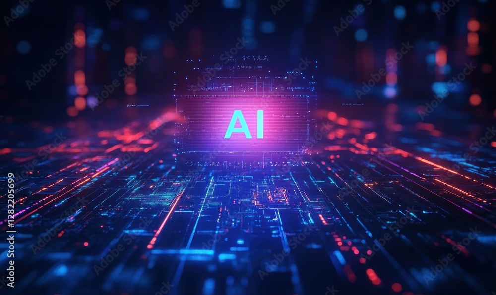 Poster futuristic digital landscape with ai text abstract shapes in cyberpunk style