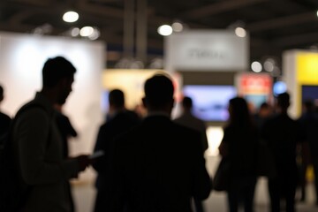 Silhouettes of Attendees at a Trade Show, Engaged in Networking Activities in a Modern Exhibition Hall