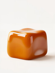 Smooth caramel cube resting on a light background showcasing a shiny texture and rich color in an artistic presentation