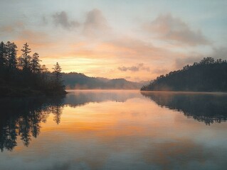 Fototapeta premium Tranquil Sunrise Over Sermo Lake Aerial View Yogyakarta Indonesia