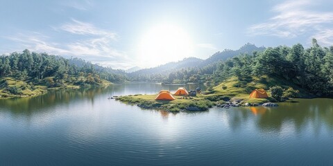 Fototapeta premium A Serene Aerial View of Sermo Lake in Yogyakarta Indonesia Surrounded by Lush Nature and Colorful Tents at Sunrise