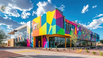 Colorful modern building, sunny day, landscaping, desert background; education, business