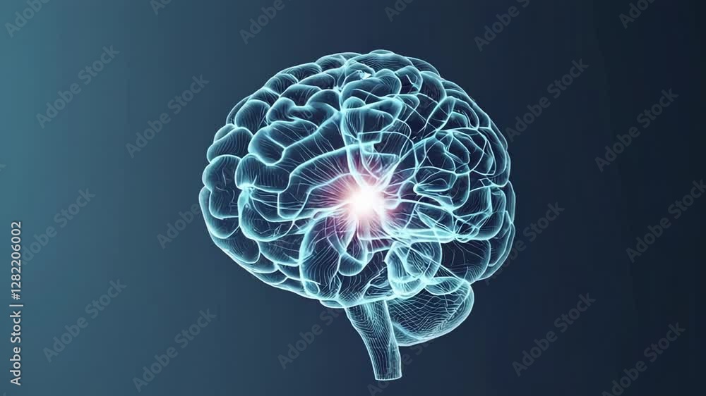 Poster Neural network wireframe brain rotating slowly, revealing pulsating activity zones through glowing light against dark blue backdrop, depicting cognitive processes and neural connections