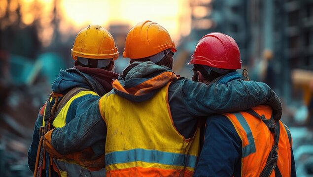 Camaraderie Among Construction Workers Embracing at Twilight Construction Site