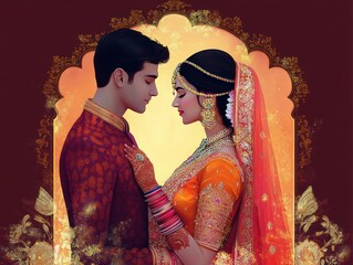Vibrant Indian Wedding Invitation with Colorful Bride and Groom Characters Ceremony Details