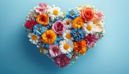 Heart-Shaped Colorful Flower Arrangement on Light Blue Background