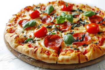Neapolitan Pizza. Authentic Italian Wood-Fired Pizza with Thin Crust, Fresh Tomato Sauce, Mozzarella Cheese, and Basil, Traditional Neapolitan Pizza Isolated on White on a Background with Copy Space